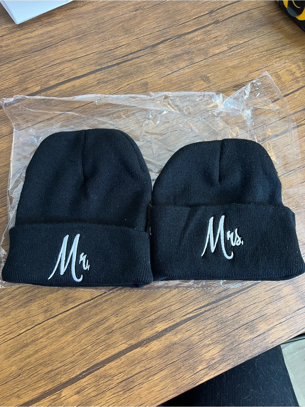 Mr. & Mrs. Embroidered Black Knit Beanie Set- OS